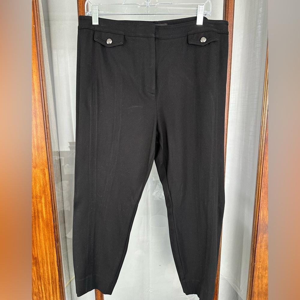 14P Talbots Petites Black Ponte Knit High Rise Dress Pants Pocket Button Detail